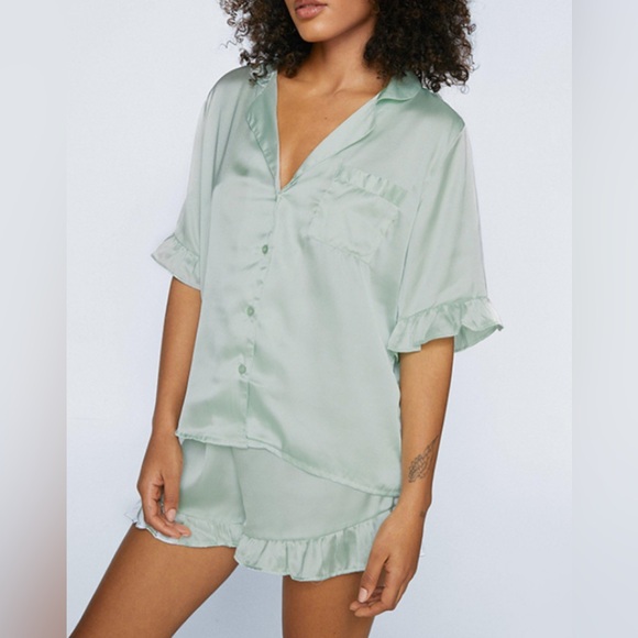 Nasty Gal Other - Nasty Gal Satin Ruffle Pajama Set Mint Green Button-Up Top & Shorts